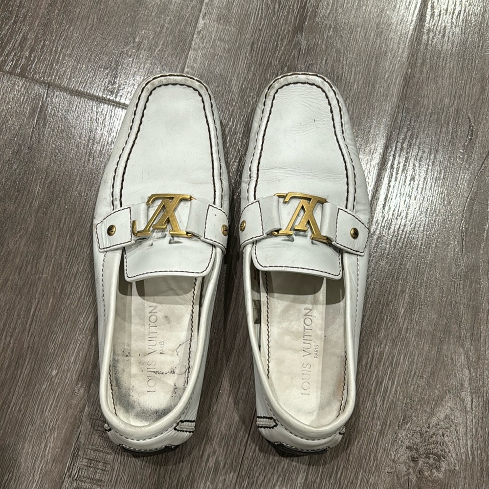 Louis Vuitton White Loafers with Gold Accent